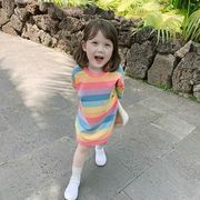 夏季女童纯棉t恤裙子，2023年童装儿童超洋气彩虹短袖连衣裙潮