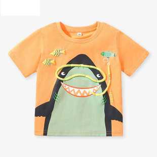儿童纯棉上衣夏季短袖T恤男童卡通鲨鱼男女宝圆领T恤衫童装潮