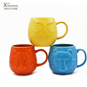 陶瓷浮雕动物马克杯3d动物水杯熊狐狸(熊狐狸，)猫头鹰杯子个性创意水杯子