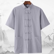 中式短袖衬衫男立领对襟褂子，青年唐装带兜衬衣，中国风上衣纯色茶服