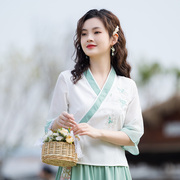 中国风女装古风改良汉服上衣，中式文艺复古绣花短袖t恤衬衫茶服女