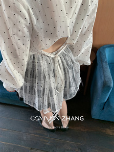 czzhang春法式设计感拼接蕾丝，露背收腰波点长袖衬衫女纯欲风上衣