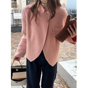 粉色立领毛呢西装外套，女短款羊驼绒，大衣2023秋冬韩版通勤百搭