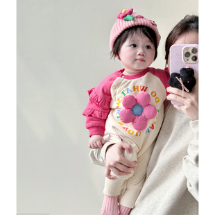 冬装韩版婴儿立体花朵，加绒加厚拼接长袖连体衣女，宝宝保暖外出爬服