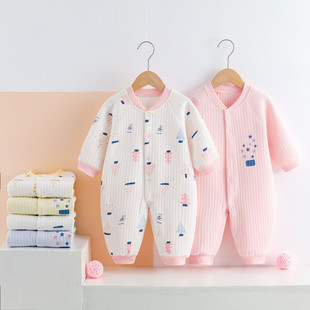 新生儿保暖爬服哈衣初生，宝宝无骨三层，加厚保暖对开婴儿连体衣套装