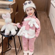 女童兔子卫衣加绒套装2023女宝宝冬装，洋气时髦加厚保暖三件套