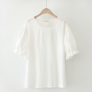 2023夏季韩版女士上衣，胖mm圆领棉布，绣花喇叭短袖白色娃娃衫