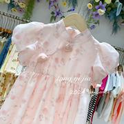 A626女童连衣裙时髦甜美玫瑰花苞裙夏装洋气儿童泡泡袖公主裙