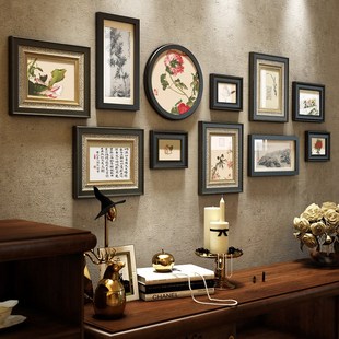 新中式照片墙禅意实木相框，墙组合中国风客厅，沙发背景墙装饰画玄关