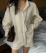 韩国2024春夏季女士纯棉格子，休闲宽松衬衫短裤套装米色洋气潮