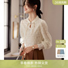 xwi欣未新中式复古盘扣，雪纺衬衫女春季优雅气质国风蕾丝拼接上衣