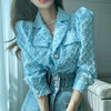 韩国chic春季奶软蓝显白西装领别致单排扣立体菱格纹长袖衬衫上衣