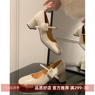 kmeizu名媛玛丽珍鞋女春季新潮大牌5cm粗跟简约一字扣带中跟单鞋