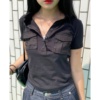 Unique SEI 韩国复古翻盖口袋设计短款翻领修身polo短袖t恤