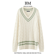 BM Fashion学院风美式V领麻花针织套头毛衣bm慵懒风冬季内搭上衣
