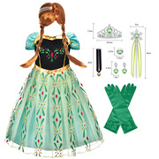 欧美冰雪奇缘安娜公主，裙儿童吊带洋气百褶蓬蓬，长裙绿色绣花演出服