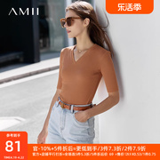 Amii2024夏针织中短袖气质V领T恤莫代尔五分袖修身正肩上衣女