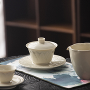 叶屿定窑黄芭蕉叶三才盖碗，手工功夫茶具陶瓷茶碗，茶杯葫芦公道杯