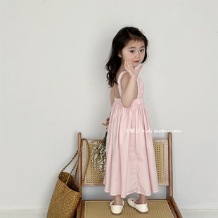 女童粉色吊带露背连衣裙2024夏季韩版女孩时髦公主裙背心裙子