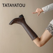 tatayatou他她丫头粗跟骑士，靴子女长靴棕色，不过膝显瘦长筒靴真皮