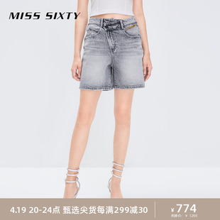 Miss Sixty2024夏季牛仔短裤女复古小众斜门襟高腰直筒五分裤