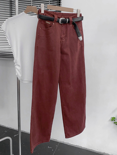 1.6斤枣红色日常百搭高腰牛仔长裤，宽松直筒裤时尚休闲洋气k$13