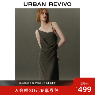 UR2024春季女装设计感褶皱扭结斜肩领无袖连衣裙UWJ740004