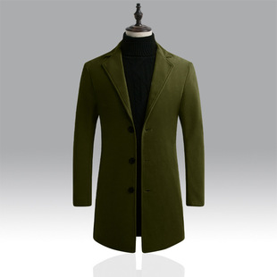 军绿色中长款风衣男生单排扣冬装，加厚呢子大衣外套，5xl大码西装领