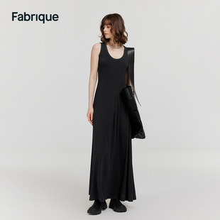 Fabrique 醋酸面料U领深灰色结构线无袖连衣裙女2024夏季长裙