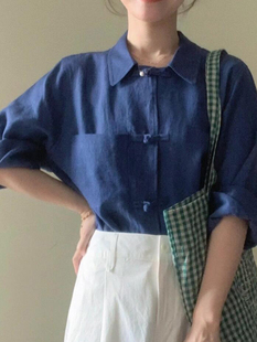 新中式高端复古蓝色棉麻衬衫女装，小众轻国风禅意，翻领盘扣上衣衬衣