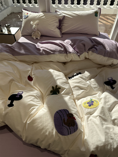 ins风水洗棉温馨小屋床上全棉四件套1.5m1.8毛巾绣被套床单三件套