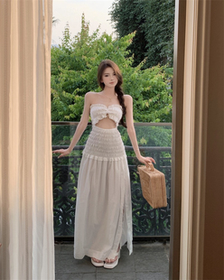 夏季上新设计(新设计)感法式气质修身显瘦抹胸开叉白色连衣裙长裙女5156
