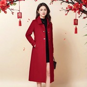 秋冬双面羊绒女士中长款外套方领酒红色过膝修身气质高端羊毛大衣