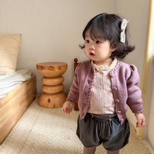 韩版童装秋季女童手钩圆领开衫，毛衣洋气加厚复古毛线外套百搭上衣