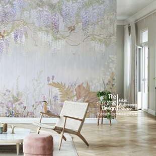北欧风定制壁画紫藤花薰衣草墙纸轻奢装饰现代简约沙发背景墙布