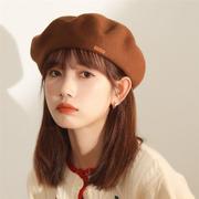 高品质羊毛贝雷帽女生韩版咖啡色蓓蕾，帽子百搭文艺，复古画家帽冬季