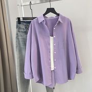 2024春紫色休闲衬衫女宽松韩版设计感小个子棉Polo领白色衬衣外搭