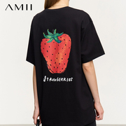 艾米amii女装，体桖女2024潮夏季宽松中长款草莓印花t恤女