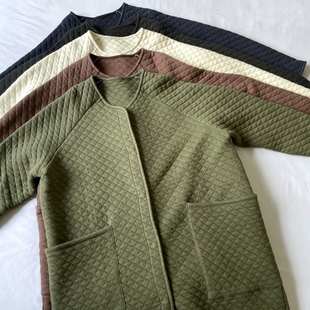 日本订单秋冬日系，复古做旧格子纽扣口袋，中长款女士卫衣绗棉服