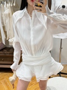 24春夏 泰国小众设计感天丝长袖尖领白色衬衫裙蓬蓬裙连衣裙