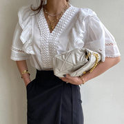 法式复古宫廷风衬衫女夏季气质镂空钩花边，设计感宽松百搭上衣