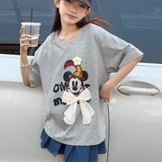 女童T恤儿童短袖上衣夏装新款2025女大童立体蝴蝶结卡通衣服薄款t