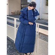 韩国长款过膝羽绒服女冬季克莱因蓝高克重加厚白鸭绒连帽外套