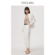 TINA GIA天纳吉儿秋季亚麻混纺白色优雅高腰锥形裤女春夏裤子