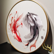 新中式风格太极鱼80圆铝合金边框纯手工刺绣玄关走廊过道成品挂画