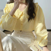 奶黄色长袖衬衫女春季chic法式复古娃娃领上衣设计感小众奶甜衬衣