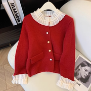 本命年甜美蕾丝拼接领毛衣女秋冬小香风，新年红针织开衫高级感外套
