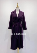高定正版！23秋冬高级紫色纯山羊绒水波纹大衣外套女时髦气质系带