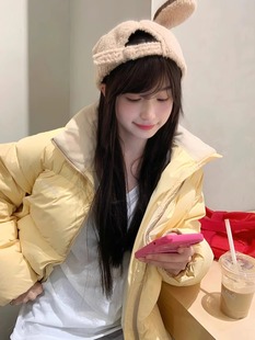 奶黄色立领羽绒棉服外套，女秋冬季韩系学生面包服宽松加厚棉衣棉袄
