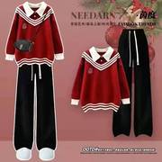 冬季套装女学生韩版红色假两件长袖毛衣+加绒直筒裤两件套潮春秋
